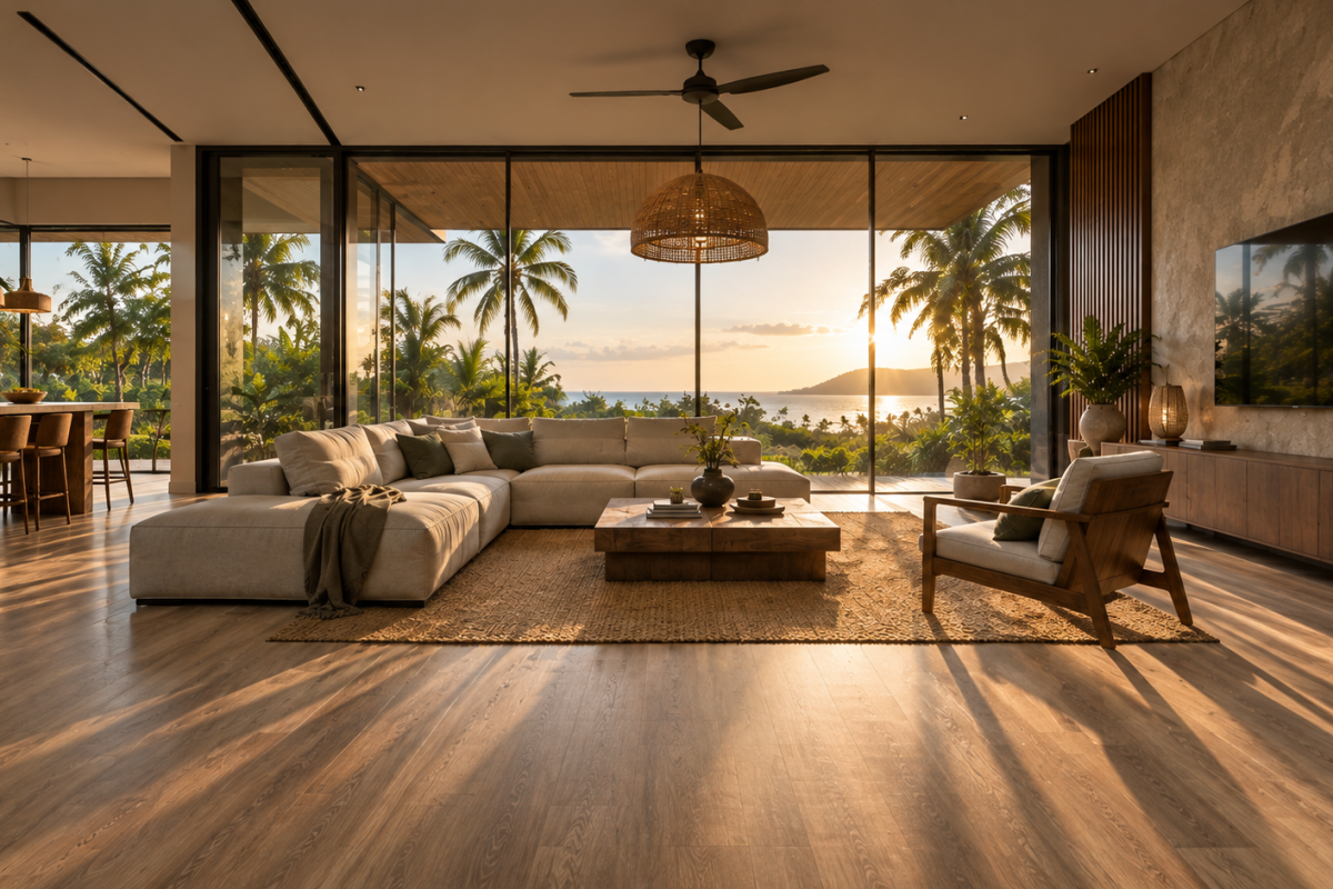 Wood-look SPC flooring in a tropical living area beside full-height glazing